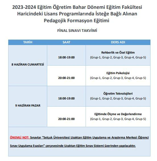 2023-2024 Eğitim Öğretim Yılı Bahar Dönemi Formasyon Eğitimi Final Sınav Programı